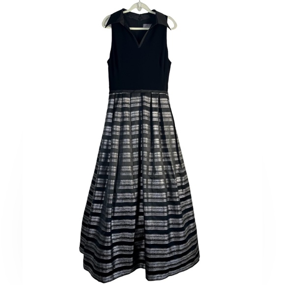 Theia Stripe Jacquard Full Ball Gown Sz 14 Black Silver Maxi Dress Event Gala - Picture 3 of 14